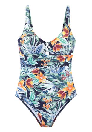 Sunseeker Badeanzug SUNSEEKER Elife, Damen, Gr. 36, Cup C/D, marine, orange, Recycling-Polyamid, bedruckt, Badeanz&uuml;ge Badeanzug, Zierschn&uuml;rung vorne