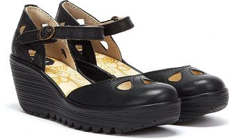 FLY London Yuna Womens Leather Wedge Sandals - (Black) - Size UK 3