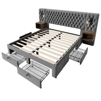 Urban Meuble Cama doble gris con cabecero tapizado y espacio de almacenamiento