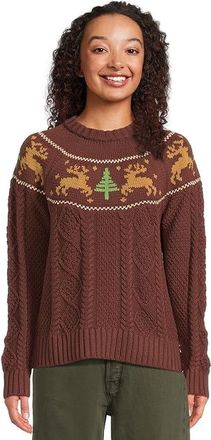 L.L.Bean Signature Cotton Fisherman Crewneck Novelty Sweater Womens Sweater Currant Deer Fair Isle : SM