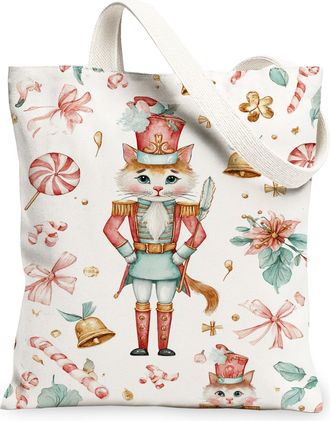 Generic Christmas Cat Canvas Tote Bags, Vintage Nutcracker Design Reusable Grocery Bags, Lightweight Washable Shoulder Strap Canvas, White, 13x15 Inch