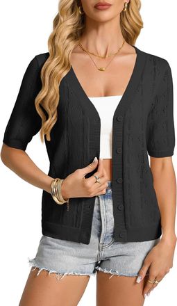 Grace Karin Womens Short Sleeve V Neck Cardigans Lightweight Cardigan Cropped Cardigan Casual Elegant Jacket for Dresses Black L