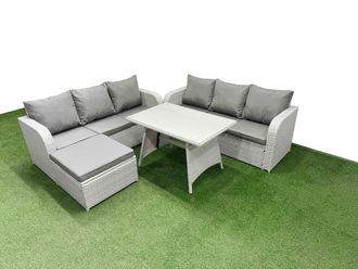 Fimous Rattan High Back Lounge Sofa Set with 3 Seater Sofa Big Stool in Light Grey