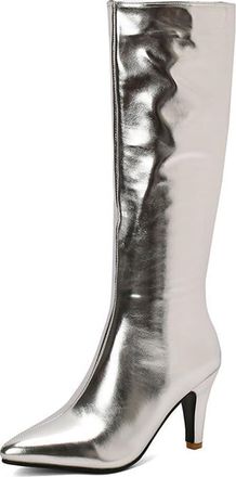 Generic Womens Metallic Kitten Heel Knee High Boots Side Zipper Fashion Winter Party Catwalk Dress Pumps Shoes (7.5,Silver)