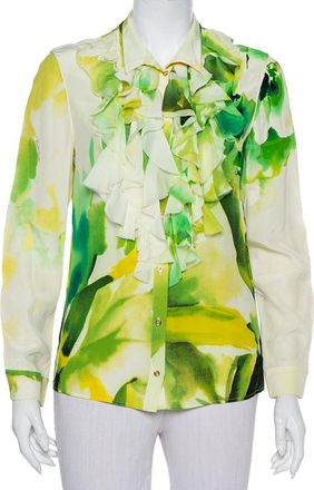 Roberto Cavalli Green Printed Silk Ruffled Detail Button Front Shirt