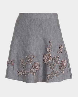Oscar De La Renta Floral Bead Embroidered Wool Knit Mini Skirt