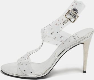 Stuart Weitzman Silver Pvc Crystals Embellished T Strap Sandals