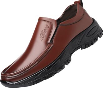 Generic Mens Wedding Dress Shoes Vintage Without Lacing Slip On Loafers Round Toe Leather Shoe Block Heel Non Slip Low Top Shoewear for Casual Business Events