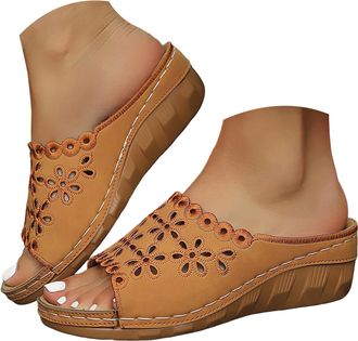 Generic Womens Wedge Sandals with Peep-Toe Orthotic Arch Support Flip Flops Slip-on Flats Outdoor Slides Boho Walking Shoes Comfortable Elegant Casual Slipper