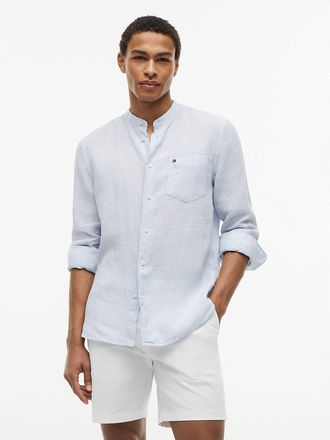 Tommy Hilfiger Mens Regular Fit Band Collar Linen Shirt - Blue - XXL