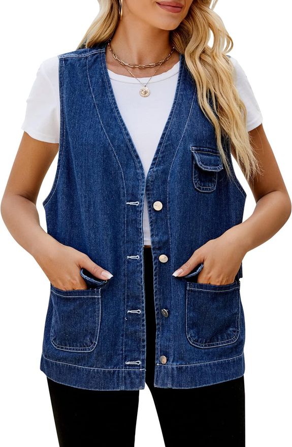 Feoya Womens Oversized Denim Gilet Baggy V Neck Denim Waistcoat