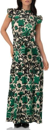 Ivonne Printed Ruffle-Sleeve Maxi Dress with Tie Waist in Green at Nordstrom, Size 10