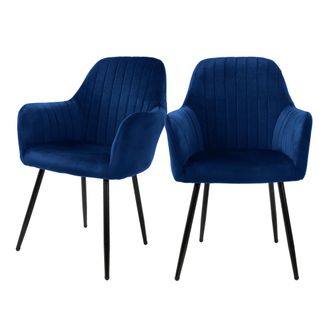ML Design Ml-design - 2x Sillas De Comedor Azules Ergon&oacute;micas, Asiento Tapizado Aspecto De Terciopelo Patas De Metal Con Respaldo Y Reposabrazos Sill&oacute;n Moderno 