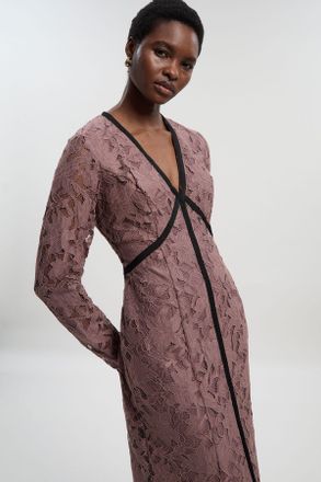 Karen Millen Womens Lace with black taping long sleeve woven maxi dress - Taupe Polyamide - Size 12 UK