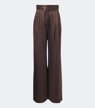 Zimmermann Belted pleated silk satin wide-leg pants