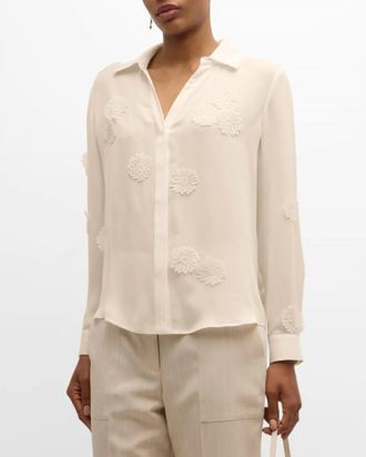 Elie Tahari Jaslynn Floral Applique Silk Blouse In Sand
