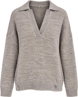 Akep Gedestructureerd Poloshirt met Lange Mouwen - Dames - V-hals truien - Beige - L - Wol - Truien & Vesten