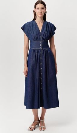 Exquise Evan Dropped Short Sleeve Fitted Midi Denim Dress in Blue at Nordstrom, Size X-Small