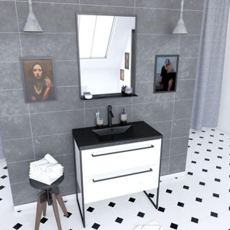 Aurlane Aurlane - Set mobile bagno 80x50 cm bianco - 2 cassetti nero - lavabo nero pietra e specchio nero opaco