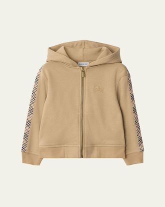 Burberry Boys Clyde Check Tape Zip-Front Hoodie, Size 3-14