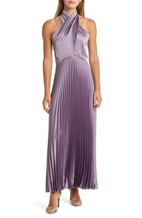 Amsale Pleat Halter Satin Gown in Violet at Nordstrom Rack, Size 10