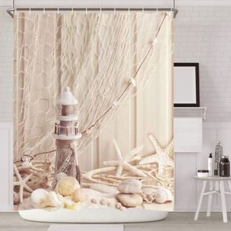OEM Cortina De Ducha De Tela Con Anillas - 200 X 200 Cm - Estampado De Conchas Marinas - Impresi&oacute;n Digital - Poli&eacute;ster - Resistente Al Moho - Beige-crezuo