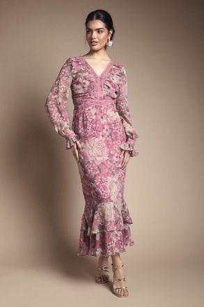 Oasis Womens Tiered Bias Midi Dress - Pink - Size 12 UK