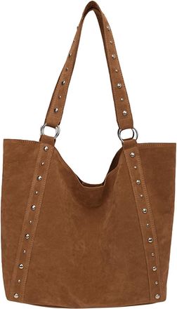 Generic Women Girls Faux Suede Studded Solid Color Shoulder Bag Large Capacity Shoulder Bag Single Shoulder Handbag for Travel Shopping Work Daily Use