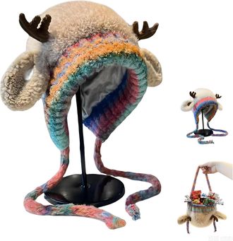Generic Festive Christmas Antler Hat & Bag 2-in-1, Cute Christmas Antler Beanie Hat, Creative Reindeer Beanie for Women & Adults, Warm Knitted Deer Winter Cap