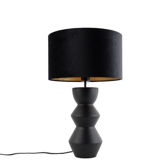 QAZQA Dise&ntilde;o L&aacute;mpara De Mesa De Dise&ntilde;o Negra Con Pantalla De Terciopelo Negro Con Dorado 35 Cm - Alisia Cer&aacute;mica /terciopelo Redonda Adecuado Para Led Max. 