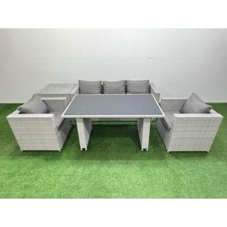 Fimous Patio Garden Furniture Sets with Black Glass Top Dining Table Armchair 3 Seater Sofa Side Table Light Grey - Fimous