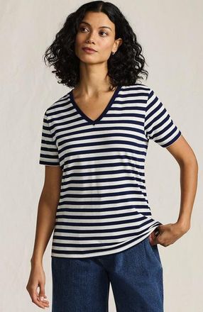 Lands End Relaxed Supima Cotton V-Neck T-Shirt in Deep Sea Navy Even Stripe at Nordstrom, Size X-Large