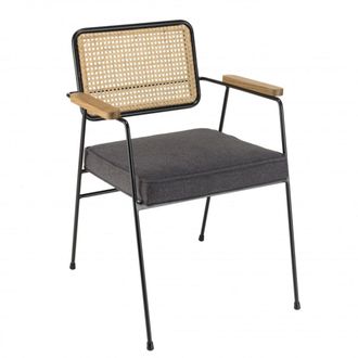 Macabane Sill&oacute;n de metal negro y tela gris oscuro con respaldo de rat&aacute;n