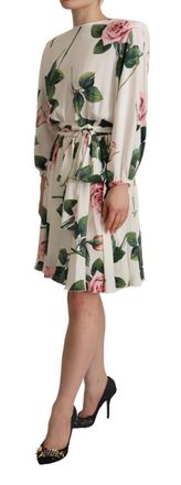 Dolce & Gabbana Womens White Rose Print Long Sleeves A-Line Dress Silk Elastane