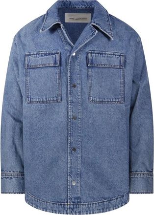 Ami Lange Mouw Saharienne Overshirt met Camp Collar - Heren - Overhemden - Blauw - Maat: M Katoen