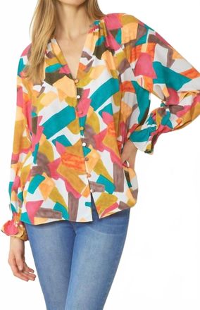 Entro Abstract Button Down Blouse In Fuchsia Mix