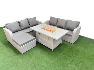 Fimous Outdoor Garden Furniture Sets 7 Seater Wicker Rattan Furniture Sofa Sets w/ Firepit Dining Table high Back Lounge Sofa Big Footstool Light Grey
