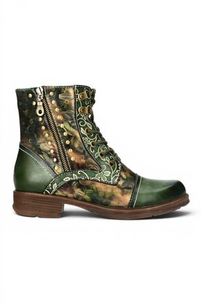 Laura Vita Womens Green Floral Victorian Leather Lace-up Ankle Boots - Anitao - 15