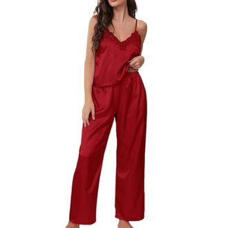 Generic Womens Silk Pyjamas V Neck Soft Satin Sleeveless Camisole Top & Long Panst Two Piece Pajamas Set Pull Over Lace Trim Summer Satin Pyjamas for Women Co