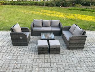Fimous Rattan Garden Furniture 6 Piece Patio Set With Table Sofa Square Coffee Table Reclining Chair Love seat sofa 2 Small Footstools in Dark Grey