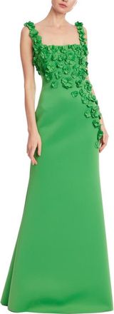 Badgley Mischka Floral Appliqu&eacute; Scuba Knit Trumpet Gown in Green at Nordstrom, Size 8
