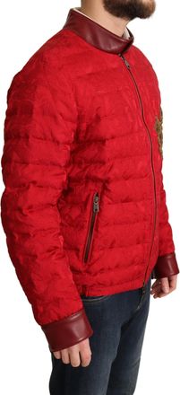 Dolce & Gabbana Mens Red Brocade Bomber Gold Crown Logo Coat Jacket Poleyster Clothing