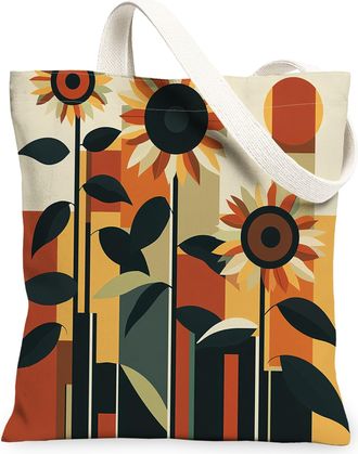 Generic Spring Aesthetic Sunflower Canvas Tote Bag for Shopping 13x15, Funky Retro Floral Reusable Grocery Print Pattern Bag for Women Men, Abstract Flower Ae