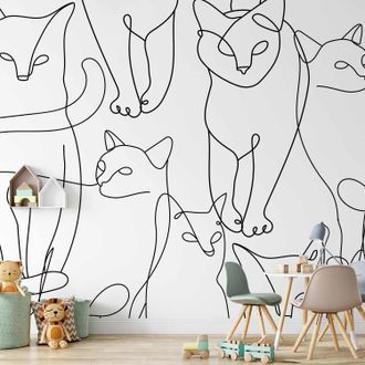 OEM Murale Da Parete - Disegno Di Gatto - Schizzi Minimalisti Di Gatti Neri Su Sfondo Bianco