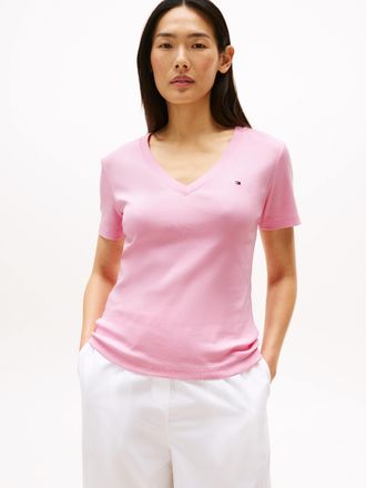Tommy Hilfiger T-Shirt TOMMY HILFIGER SLIM CODY V-NK SS mit V-Ausschnitt und Streifen, Damen, Gr. XXL (44), rosa (classic pink), Jersey, Obermaterial: 100% Baumwolle