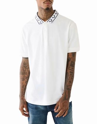 True Religion Mens True Religion Mens Polo Shirt Relaxed Fit Branded Collar SS Pique Polo Shirts - White - Size: 38