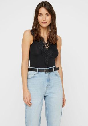 Pieces Shirtbody PIECES PCILU, Damen, Gr. XS, N-Gr, schwarz, Jersey, Obermaterial: 85% Polyamid, 15% Elasthan. Spitze: 100% Polyamid, unifarben, eng, V-Aussc