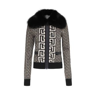 Balmain Cardigans, female, Black, Size: XS Logo Jacquard Knit Jacket