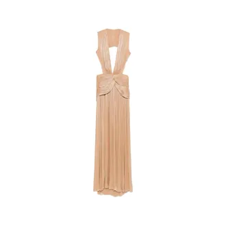 Costarellos Lurex Gecrgette Cut Out Pleated Maxi Dress