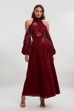 Karen Millen Velvet Embroidered High Neck Maxi Dress in Rust at Nordstrom, Size 10P